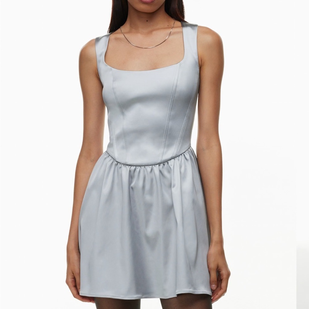 Aritzia Sunday Best Septon Satin Mini Dress Cool Lagoon Silver Corset - Size 8